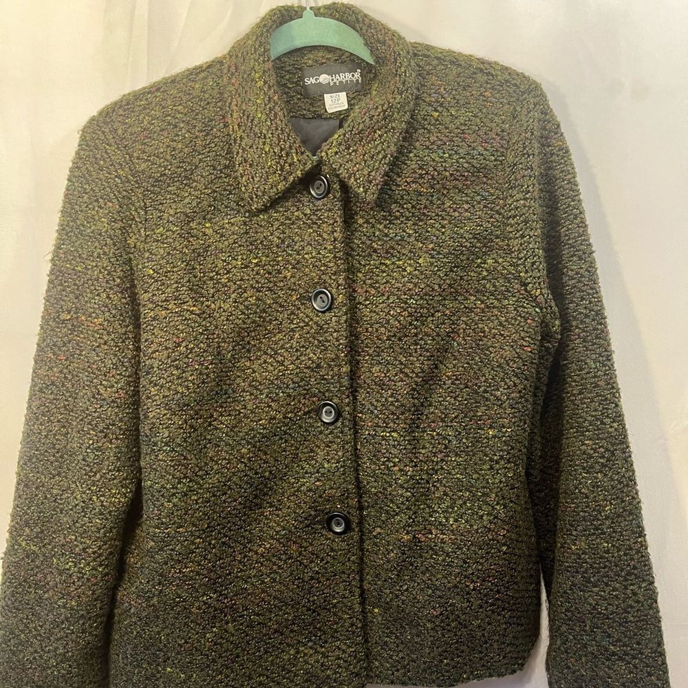 Sag Harbor Petites Green Boucle  Jacket Size 12P Button Up